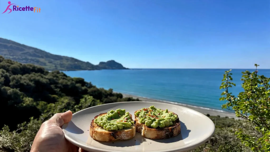 Avocado toast fit con pane rustico e peperoncino vista mare a Cefalù