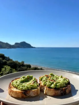 Avocado toast fit con pane rustico e peperoncino vista mare a Cefalù