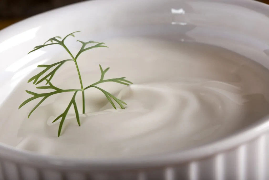 Besciamella fit vellutata preparata senza burro in un pentolino moderno, guarnita con una spolverata di noce moscata, stile RicetteFit.