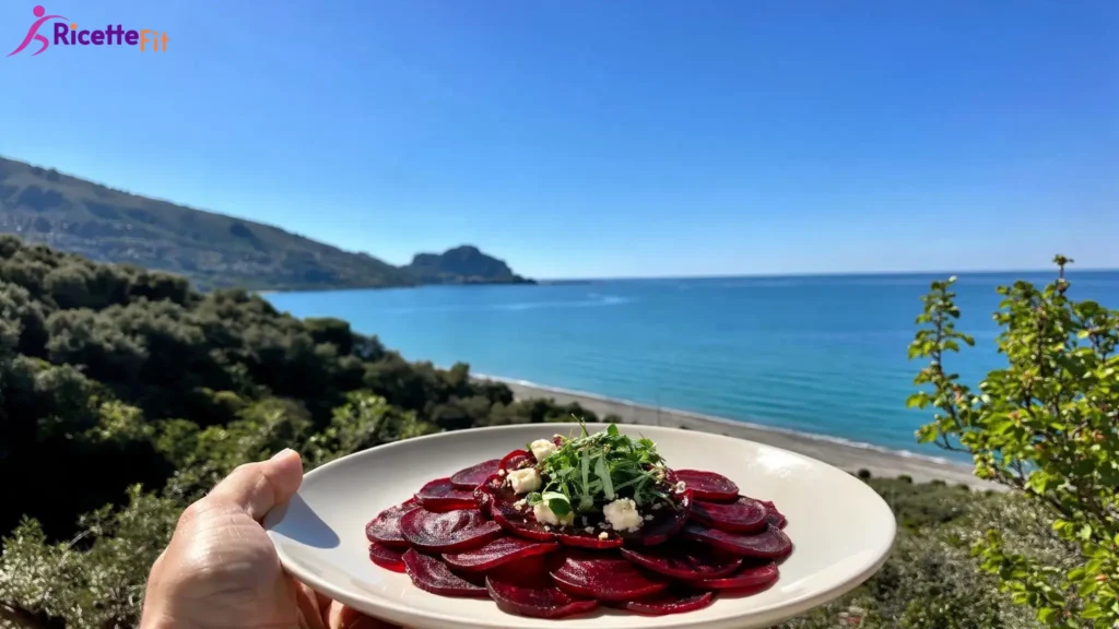 Carpaccio di barbabietola con feta e rucola vista mare a Cefalù