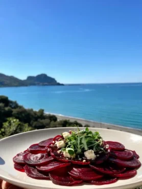Carpaccio di barbabietola con feta e rucola vista mare a Cefalù