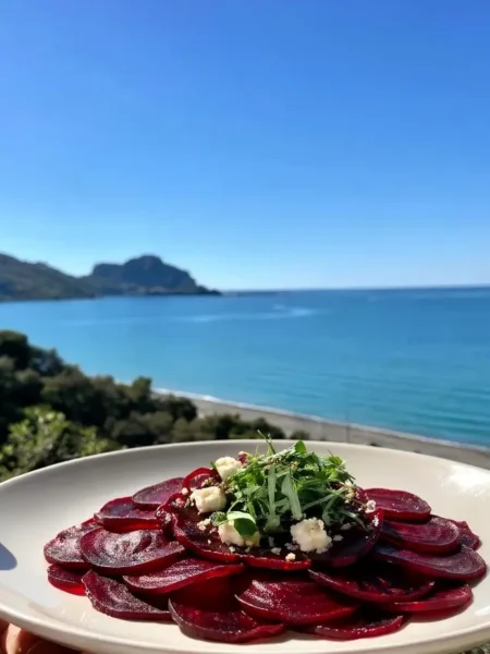 Carpaccio di barbabietola con feta e rucola vista mare a Cefalù