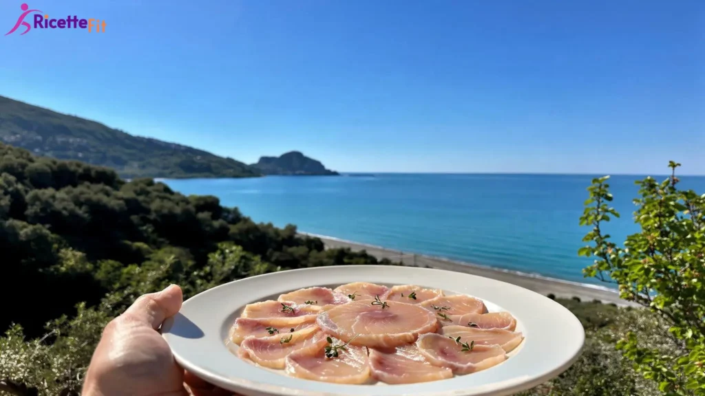 Carpaccio di pesce spada marinato al limone e timo vista mare a Cefalù