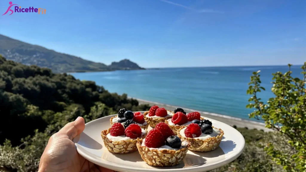 Cestini di avena e yogurt con frutti di bosco vista mare a Cefalù