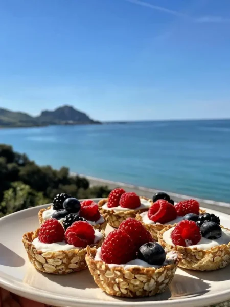 Cestini di avena e yogurt con frutti di bosco vista mare a Cefalù