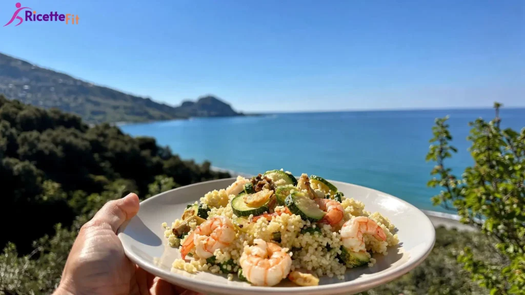 Cous cous integrale con gamberi e zucchine al limone vista mare a Cefalù