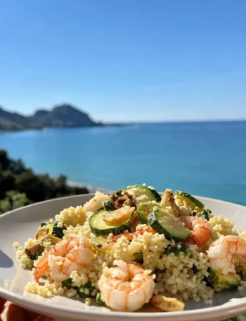 Cous cous integrale con gamberi e zucchine al limone vista mare a Cefalù