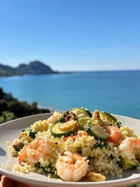 Cous cous integrale con gamberi e zucchine al limone vista mare a Cefalù