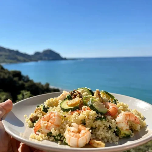 Cous cous integrale con gamberi e zucchine al limone