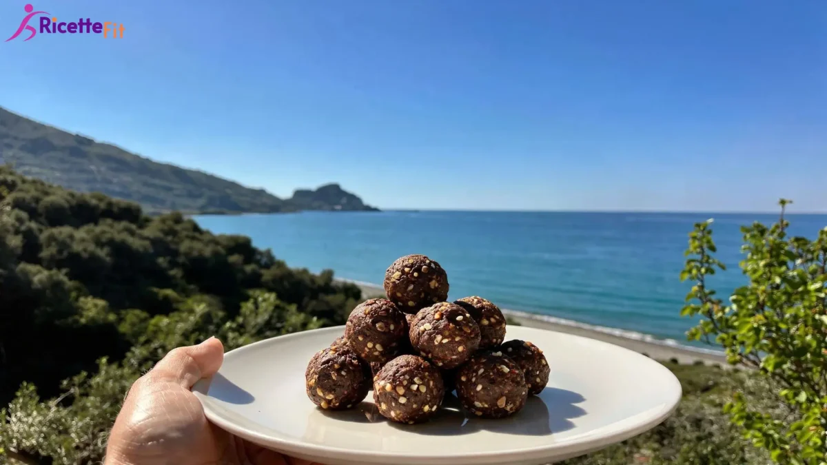 Energy balls proteiche al cacao e nocciole con panorama di Cefalù