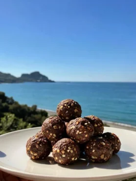 Energy balls proteiche al cacao e nocciole con panorama di Cefalù