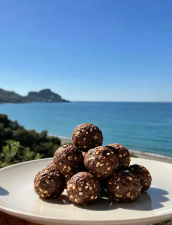 Energy balls proteiche al cacao e nocciole con panorama di Cefalù