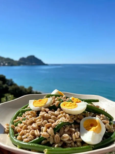 Farro con fagiolini e uova sode vista mare a Cefalù