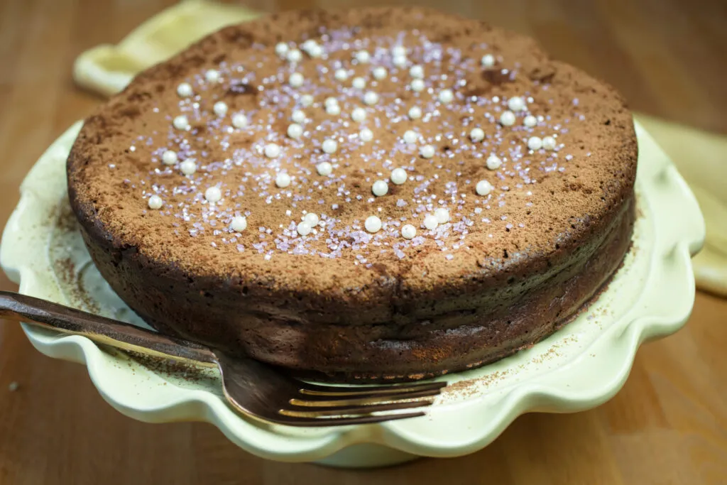 fetta di torta tenerina vegan senza grassi al cacao su piatto chiaro