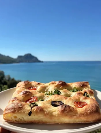 Focaccia fit integrale con pomodorini e olive vista mare a Cefalù