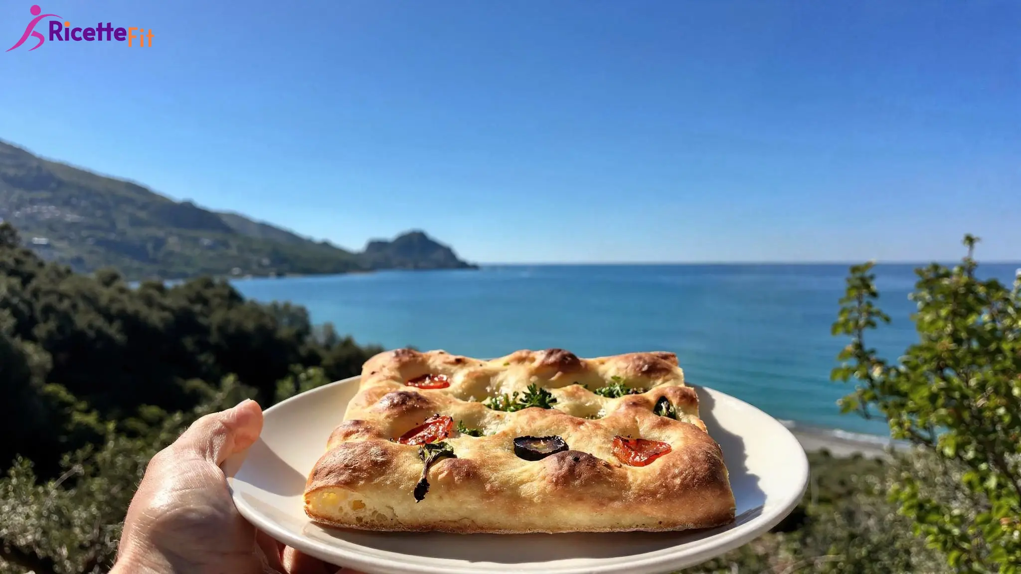 Focaccia fit integrale con pomodorini, olive e rosmarino