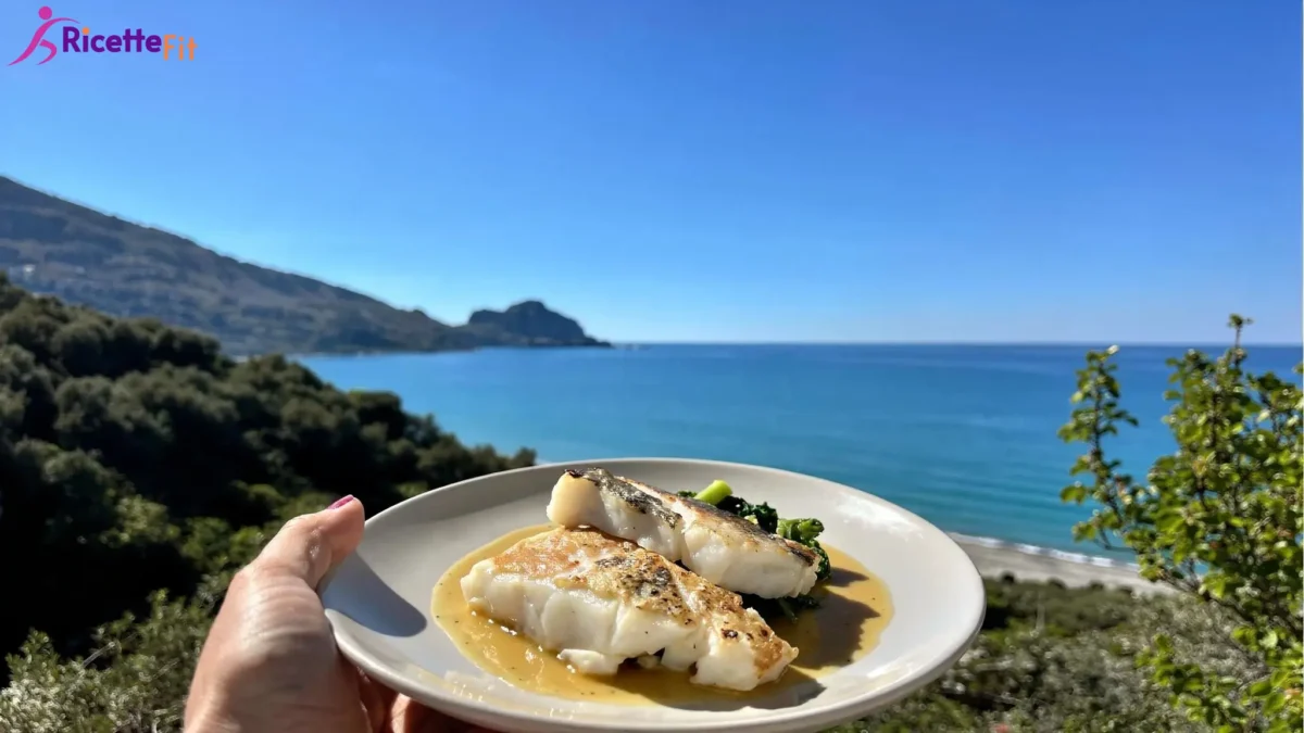 Merluzzo al vapore con salsa al limone e verdure verdi vista mare a Cefalù