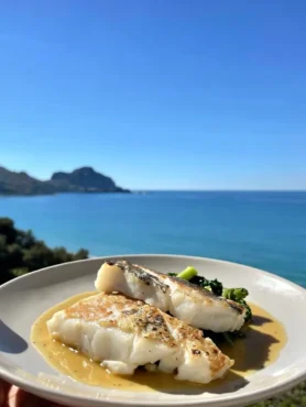Merluzzo al vapore con salsa al limone e verdure verdi vista mare a Cefalù