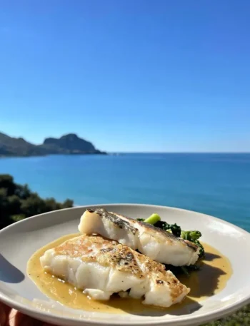 Merluzzo al vapore con salsa al limone e verdure verdi vista mare a Cefalù