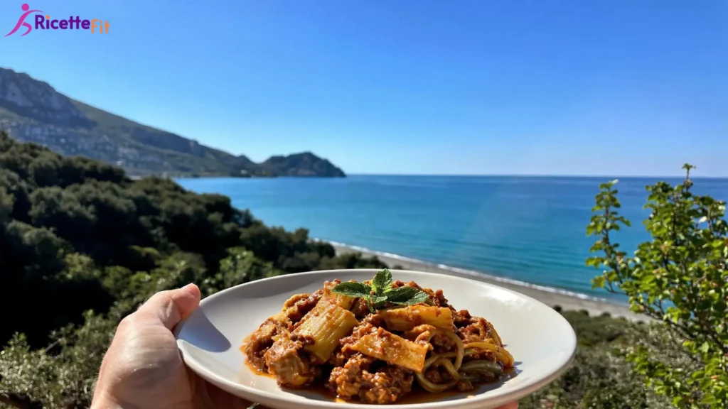 Mezze maniche integrali al ragù vegetariano con vista mare a Cefalù