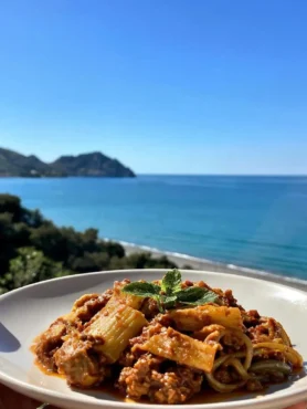 Mezze maniche integrali al ragù vegetariano con vista mare a Cefalù