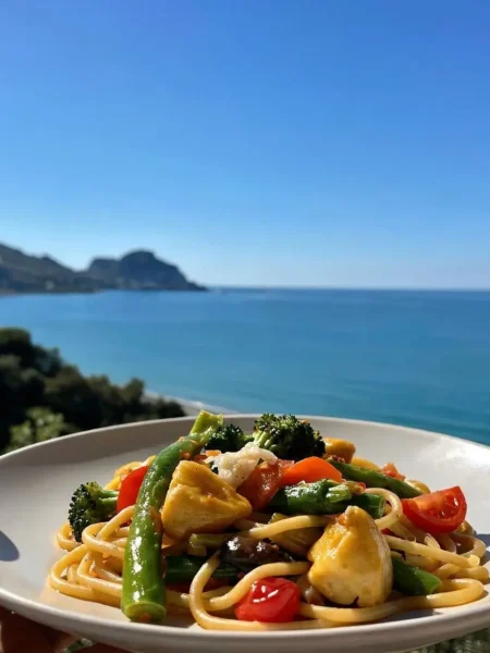 Pasta all'ortolana fit con spaghetti integrali e verdure vista mare a Cefalù
