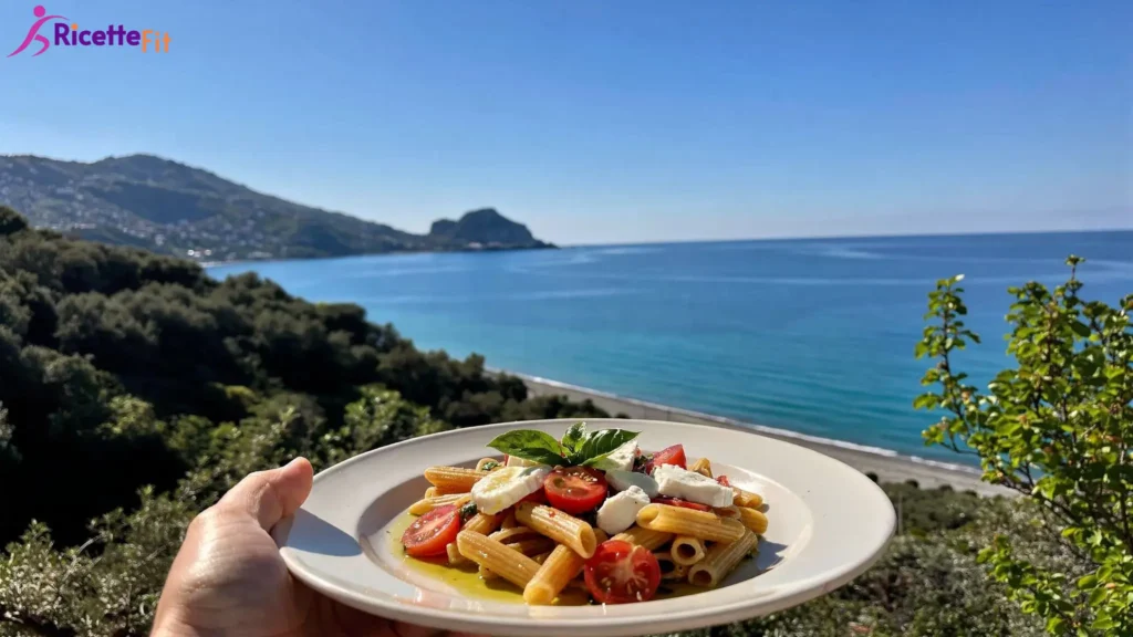 Pasta alla crudaiola fit con pomodorini mozzarella e basilico vista mare a Cefalù