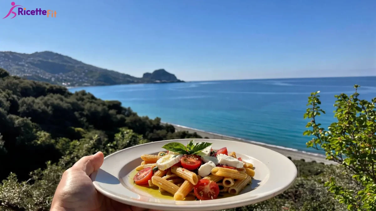 Pasta alla crudaiola fit con pomodorini mozzarella e basilico vista mare a Cefalù