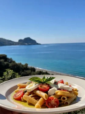 Pasta alla crudaiola fit con pomodorini mozzarella e basilico vista mare a Cefalù