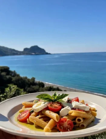 Pasta alla crudaiola fit con pomodorini mozzarella e basilico vista mare a Cefalù