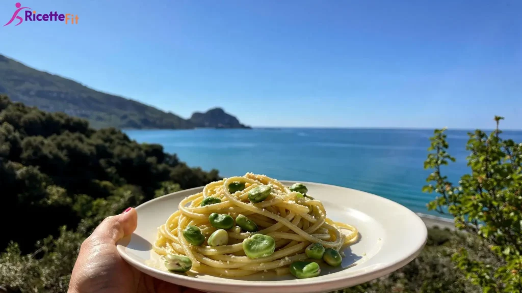 Pasta cacio e pepe con fave fresche vista mare a Cefalù
