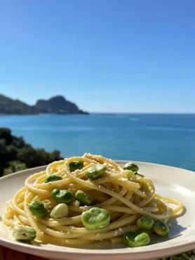 Pasta cacio e pepe con fave fresche vista mare a Cefalù