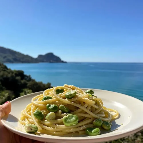 Pasta cacio e pepe con fave