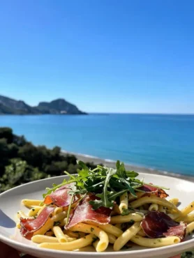 Pasta fredda bresaola e rucola con vista mare a Cefalù