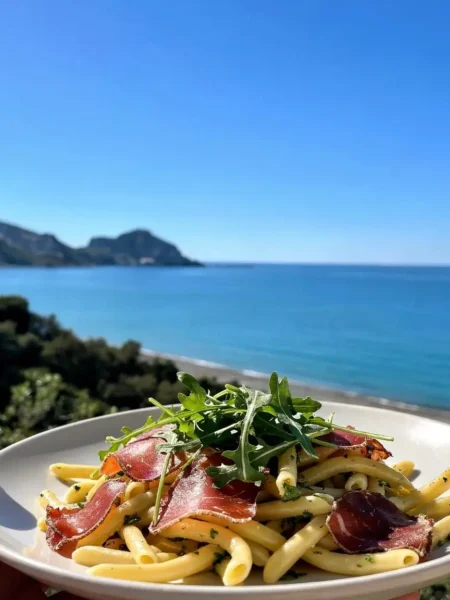 Pasta fredda bresaola e rucola con vista mare a Cefalù