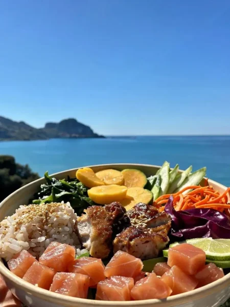 Poke bowl fit con salmone, pollo teriyaki, riso e verdure vista mare a Cefalù