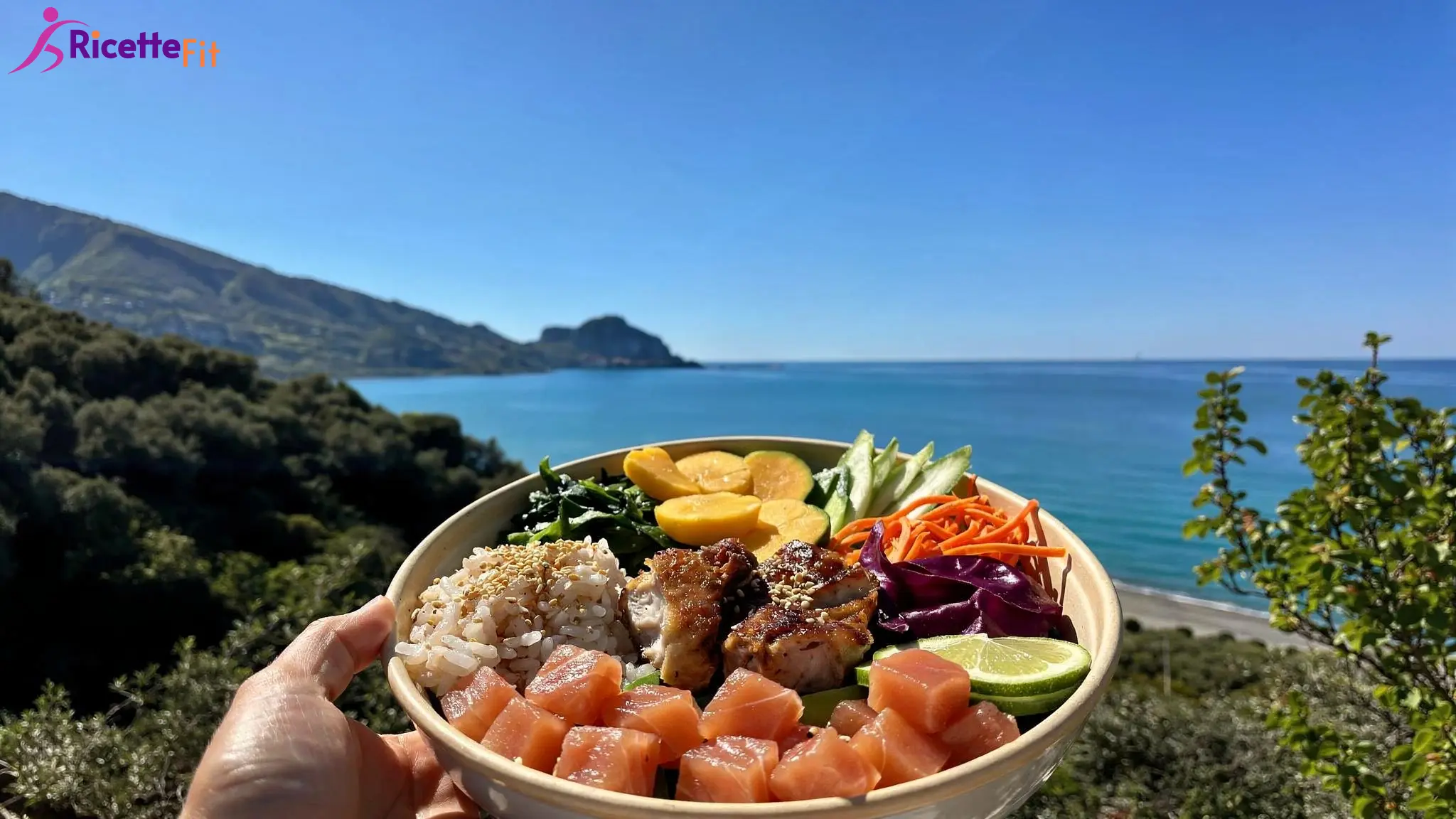 Poke bowl fit con salmone, pollo teriyaki leggero, riso e verdure croccanti