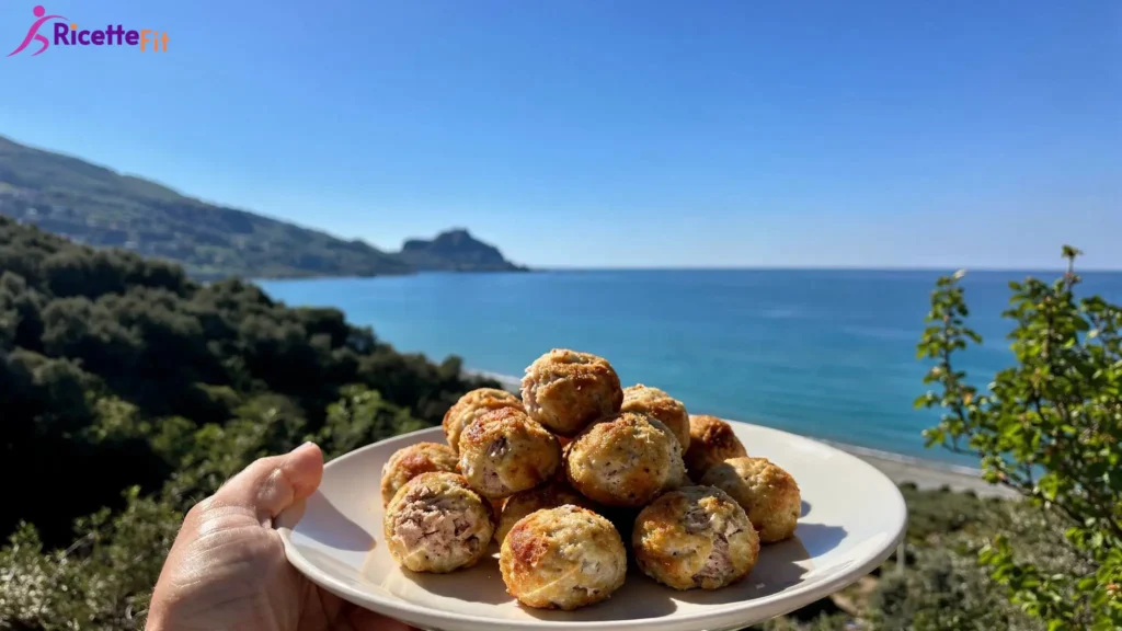 Polpette fit di tonno e ricotta al forno con panorama di Cefalù