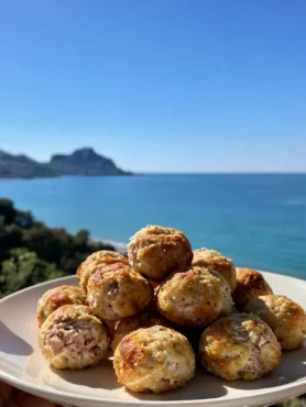 Polpette fit di tonno e ricotta al forno con panorama di Cefalù