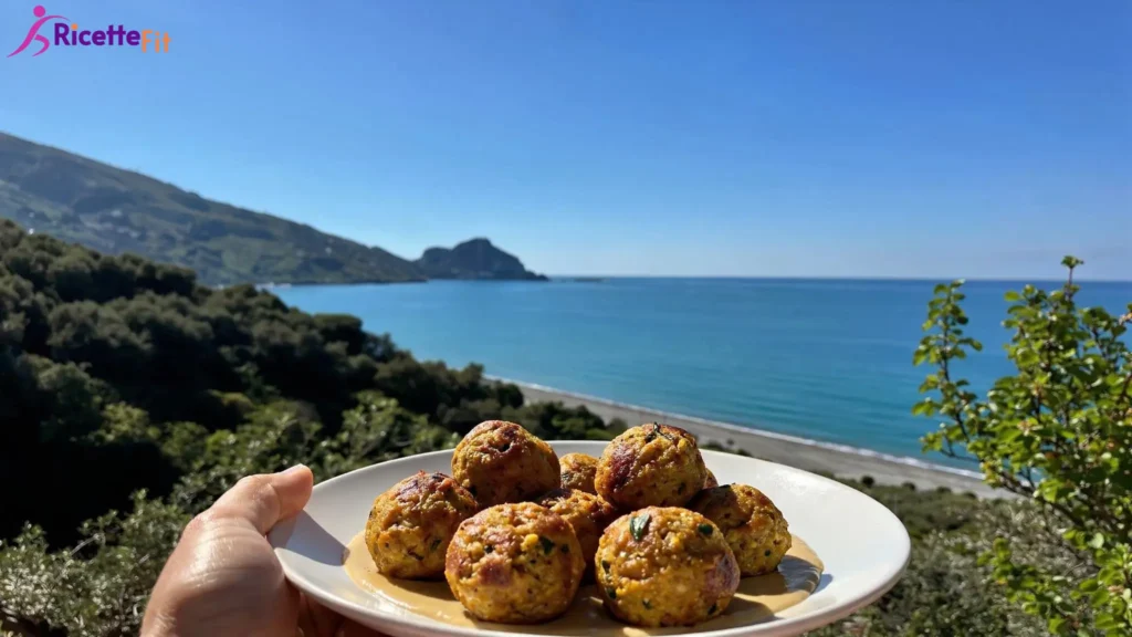 Polpettine di ceci vegan con salsa tahina davanti al mare di Cefalù