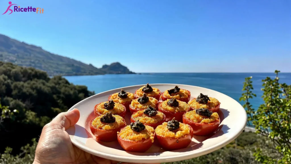Pomodori gratinati con patè di olive nere vista mare a Cefalù