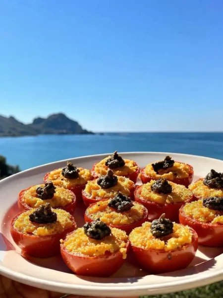 Pomodori gratinati con patè di olive nere vista mare a Cefalù