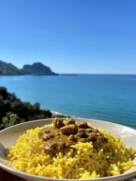 Riso al curry fit con pollo cremoso vista mare a Cefalù