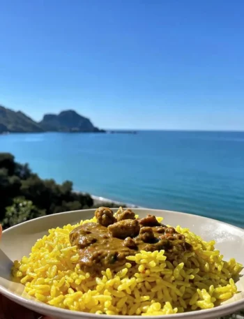 Riso al curry fit con pollo cremoso vista mare a Cefalù