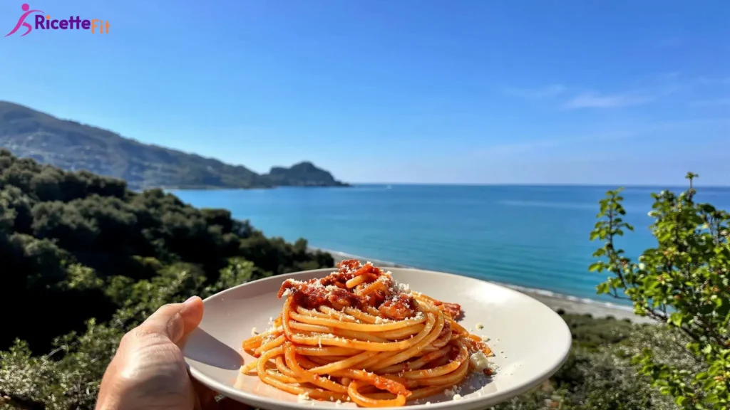 Spaghetti all'Amatriciana fit con pecorino vista mare a Cefalù