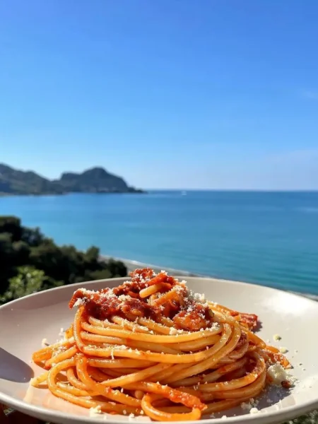 Spaghetti all'Amatriciana fit con pecorino vista mare a Cefalù