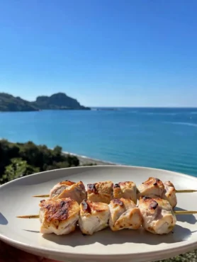 Spiedini di tacchino marinati al limone e rosmarino con vista mare a Cefalù