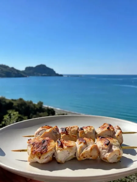Spiedini di tacchino marinati al limone e rosmarino con vista mare a Cefalù
