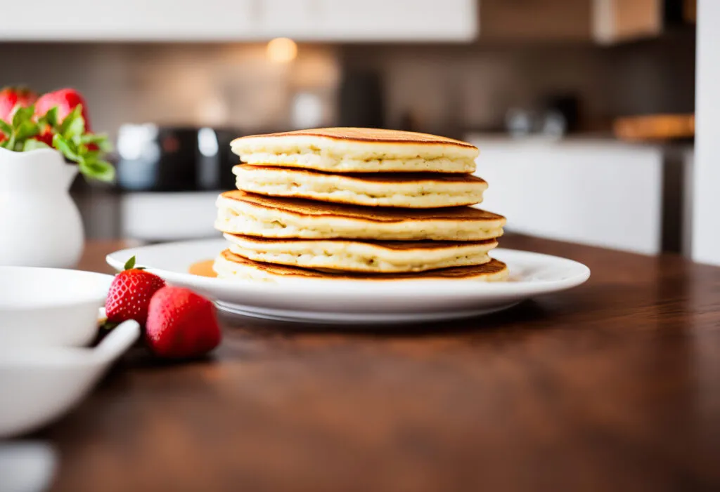 Torretta di pancake fit all'avena e albumi, guarniti con sciroppo d'acero zero calorie e frutti di bosco freschi, stile RicetteFit.