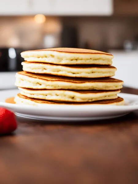 Torretta di pancake fit all'avena e albumi, guarniti con sciroppo d'acero zero calorie e frutti di bosco freschi, stile RicetteFit.